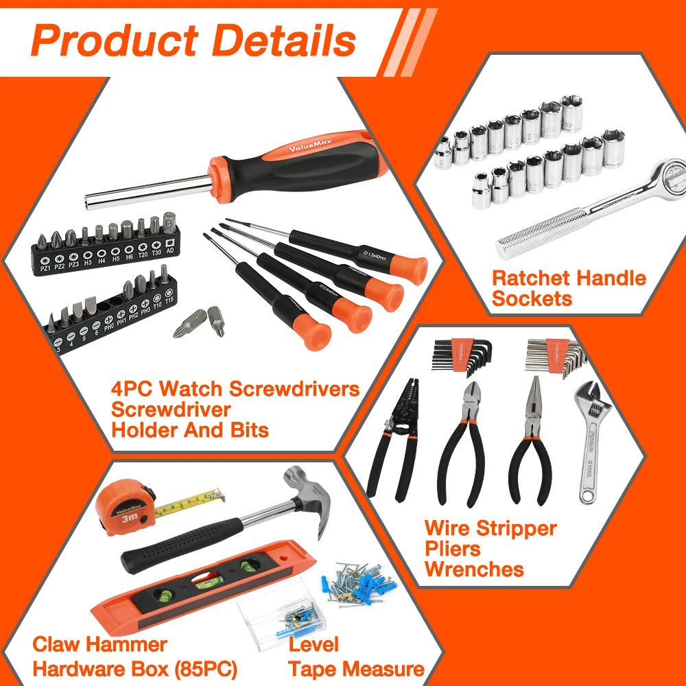 ValueMax 8PC-150PC Set di strumenti domestici per Set di strumenti di riparazione domestica kit di utensili domestici con cacciaviti pinze martello utilità scatola di coltelli