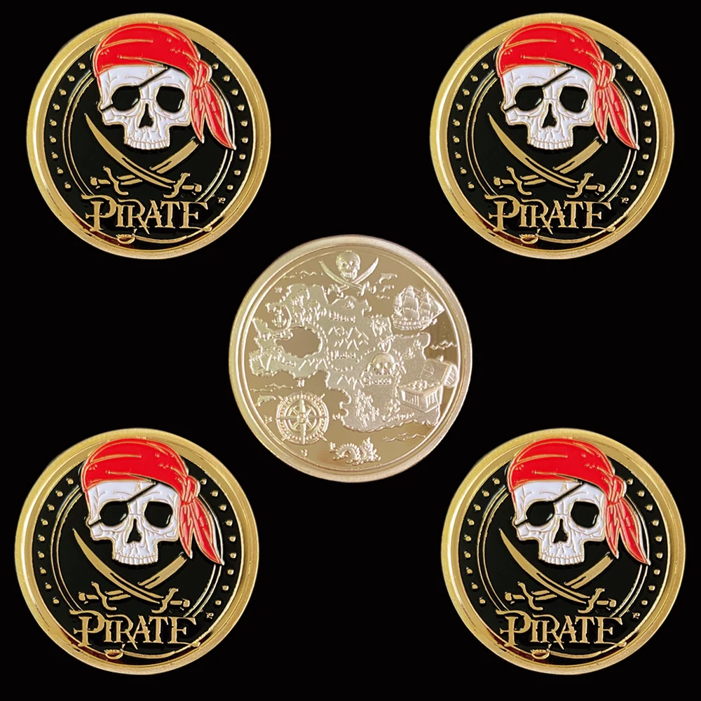 

5PCS Pirate Skull Collection Metal Coin Gold Treasure Map For Adventure