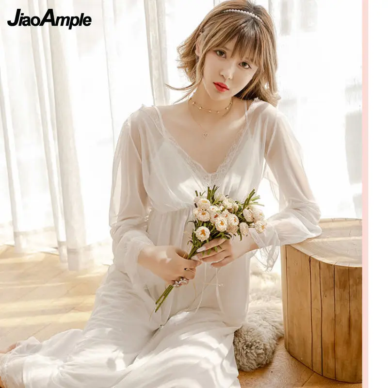 Pajamas Women Sexy Lace Nightdress Summer Long Can Drop Shoulders Two Wear See-Through Temptation Sleepwear Nightgown