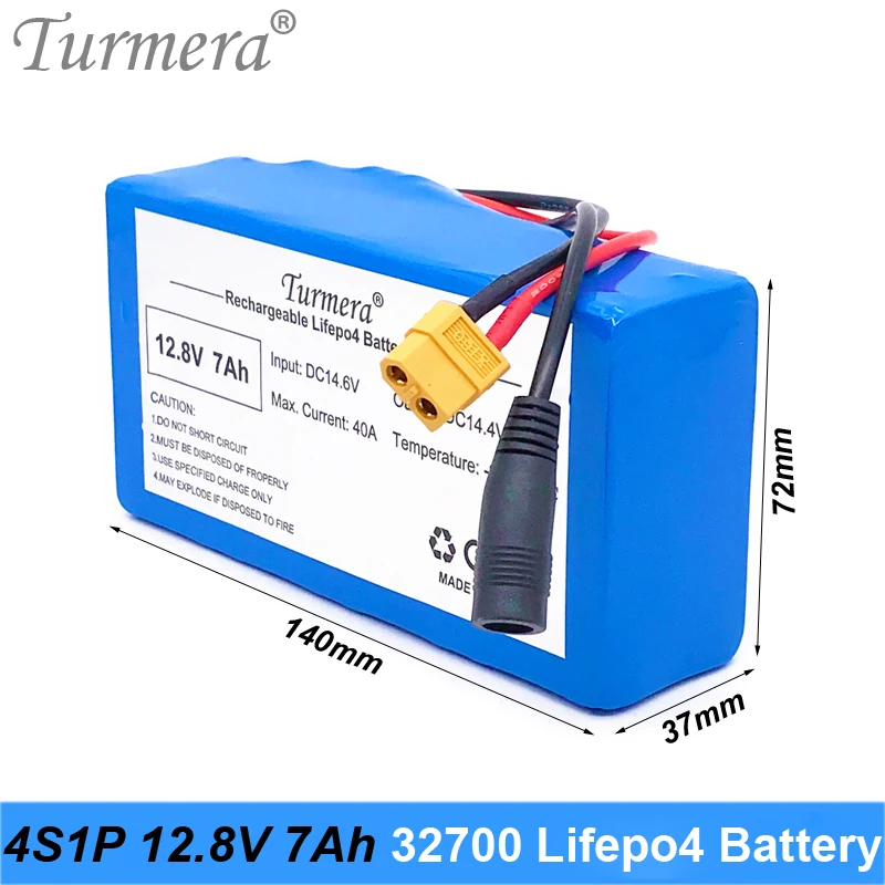 Turmera 32700 Lifepo4 Battery Pack 4S1P 12.8V 7Ah with 4S 40A Balanced BMS for Electric Boat and Uninterrupted Power Supply 12V