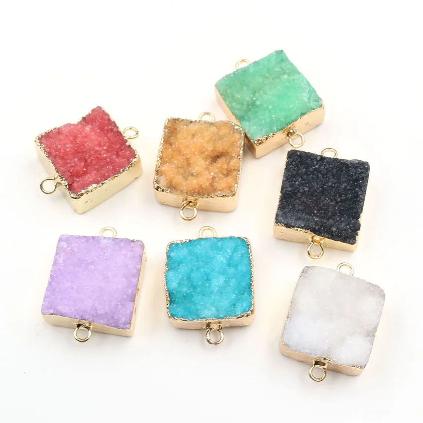 XSM Double Buckle Connector Square Shaped Beads Flat Druse Cluster Raw Crystal Quartz Jewelry Components Bangles Bracelets Fits