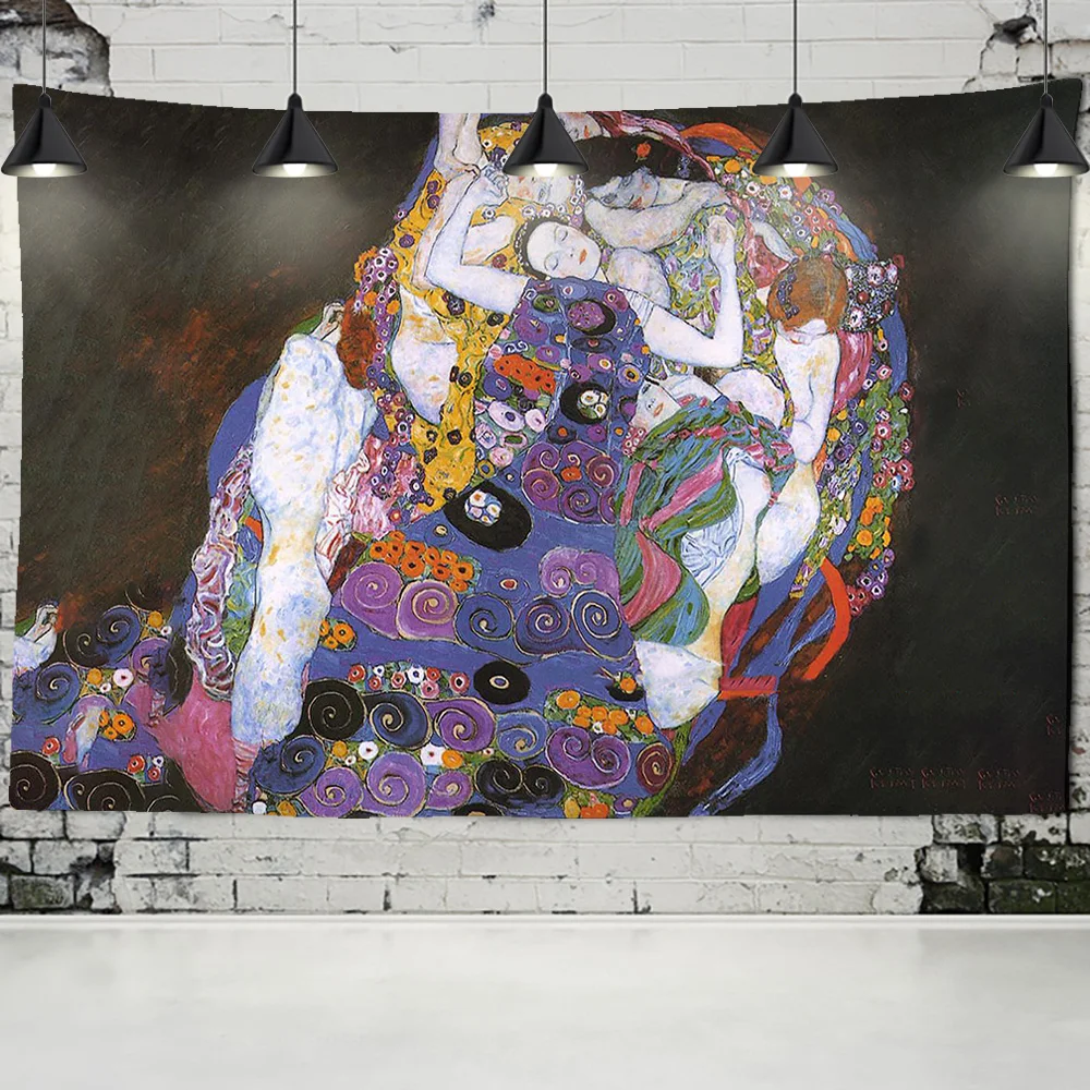 Gustav Klimt Oil Painting Tapestry Wall Hanging Kiss Of Gold Abstract Art Decoration Polyester Blanket Yoga Mat Home Bedroom Art