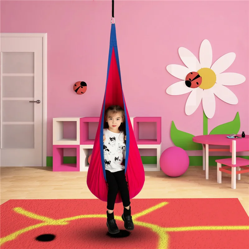 Kids Pod Swing Seat 100% Cotton Hammock Chair Portable Decor Home Space Saving  Indoor Outdoor Use with PVC Inflatable Cushion