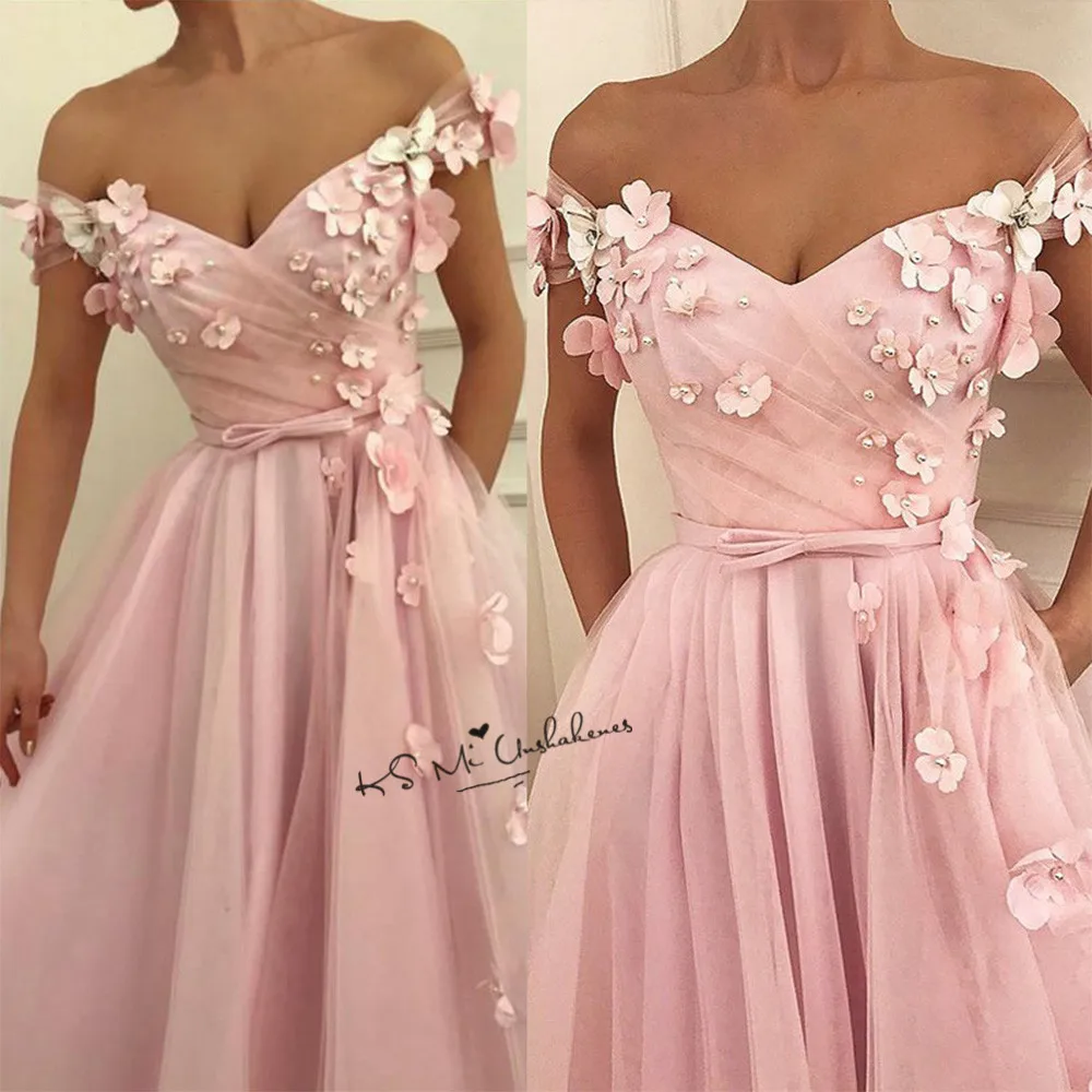 

Vestidos de Gala Pink Flowers Prom Dresses off Shoulder 2020 Pearls Plus Size Formal Evening Gowns Tulle Custom Made Formatura