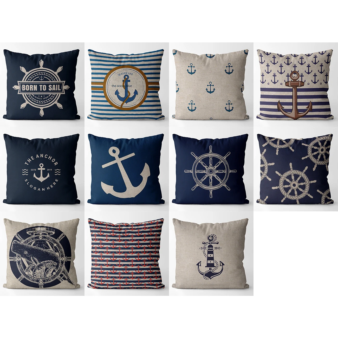 Linen Pillow Covers for Living Room Decoration, Marine Decor, Navigation, Compass, Anchor, Navy Blue, Striped, 45