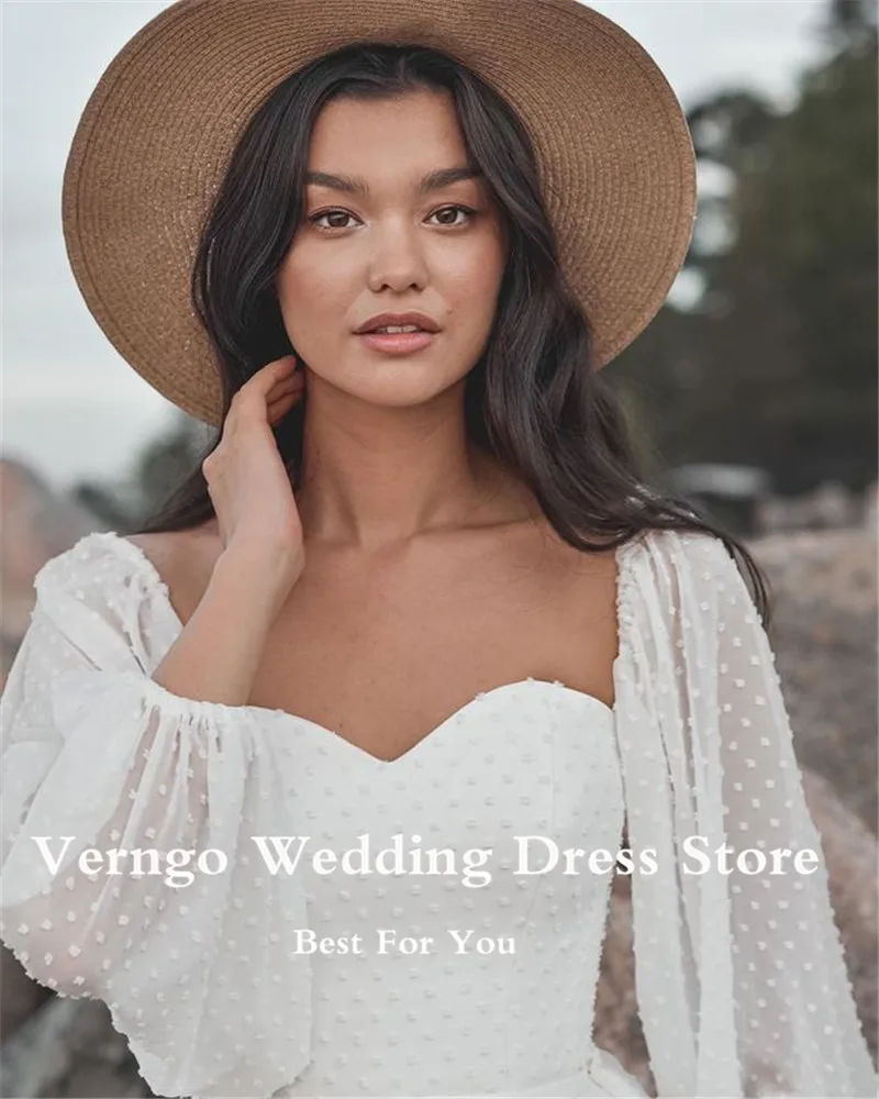 Verngo Vintage A Line Dotted Silk Wedding Dresses Boho Puff Long Sleeves Sweetheart Beach Wedding Gowns 1.5M Train Bridal Gown