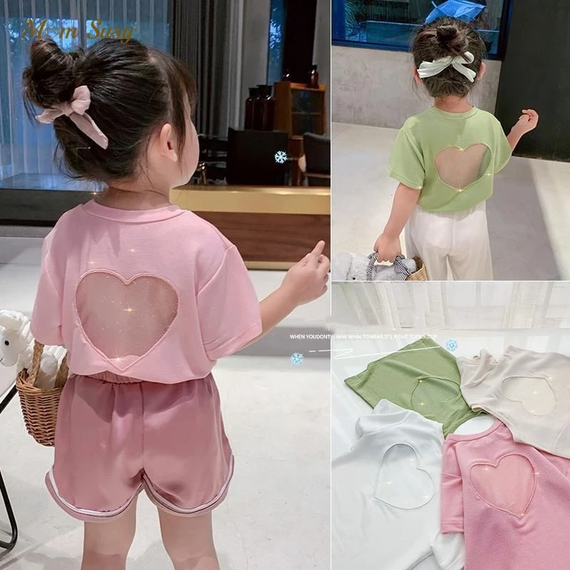 

Fashion Summer Baby Girl Cotton T-Shirt Heart Hollow Backless Girl Pincess Lace Tshirt Short Sleeve Tee Top Solid Color 1-10Y