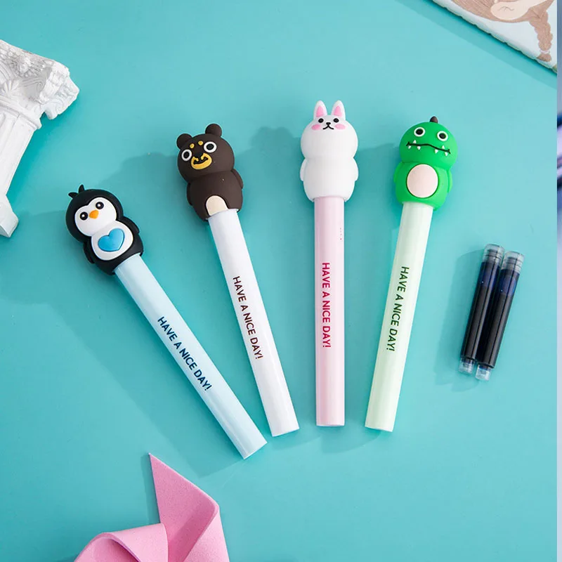 Cute cartoon animals Erasable Fountain Pen Set With Blue Ink Replacable Calligraphy Pen School Kawaii Students  Stationery Gifts