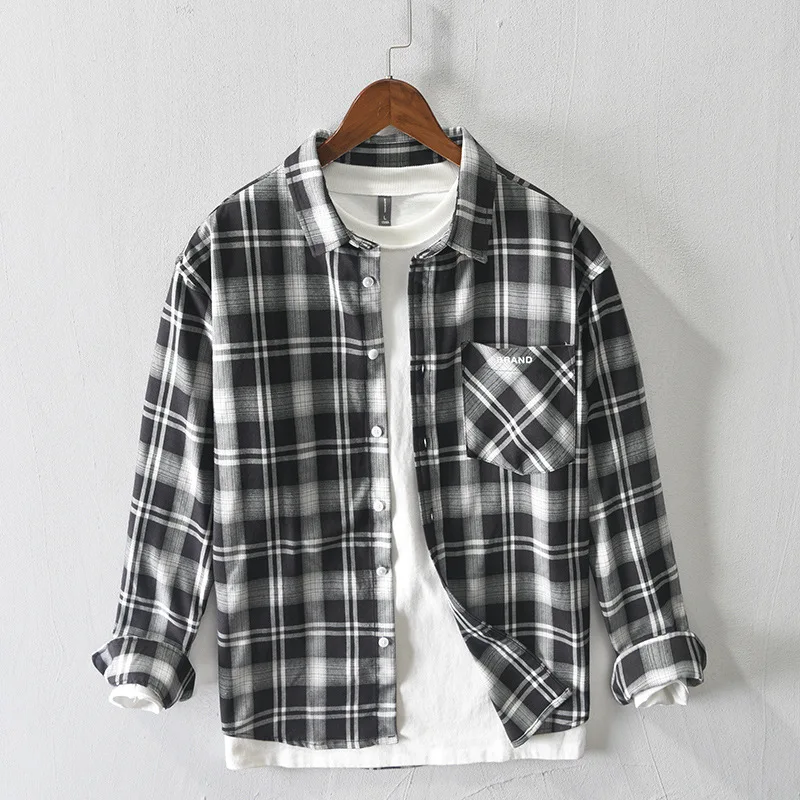 

D225 Autumn Men Plaid Shirts Casual Gentlemen Artsy Minimalist Color Contrast Long Sleeve Fashion Comfortable Pocket Lapel Tops