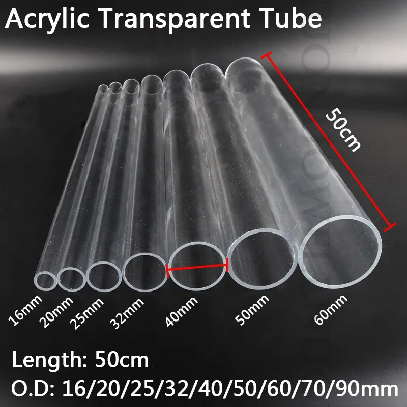 2 sztuk 50cm zewnętrzna Dia.16-90mm przezroczyste rury akrylowe pleksi rury akwarium szkło organiczne rury przemysłu rury OEM