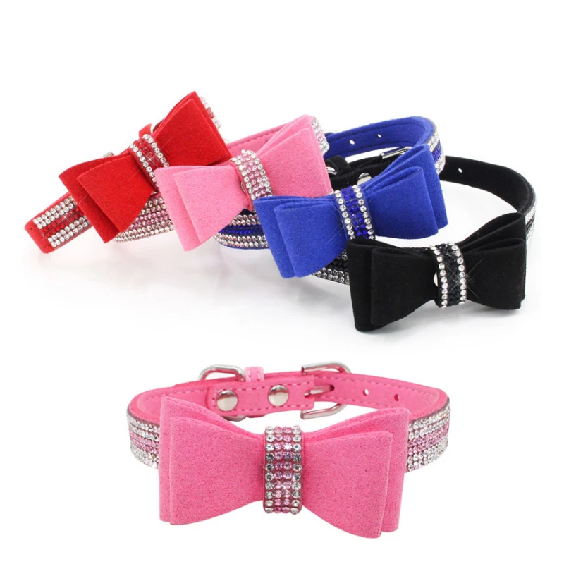 XXS~L Size Glitter Rhinestone Puppy Cat Collars Adjustable Leather Bowknot Dog Collars for Small Medium Dogs Cats Chihuahua Pug