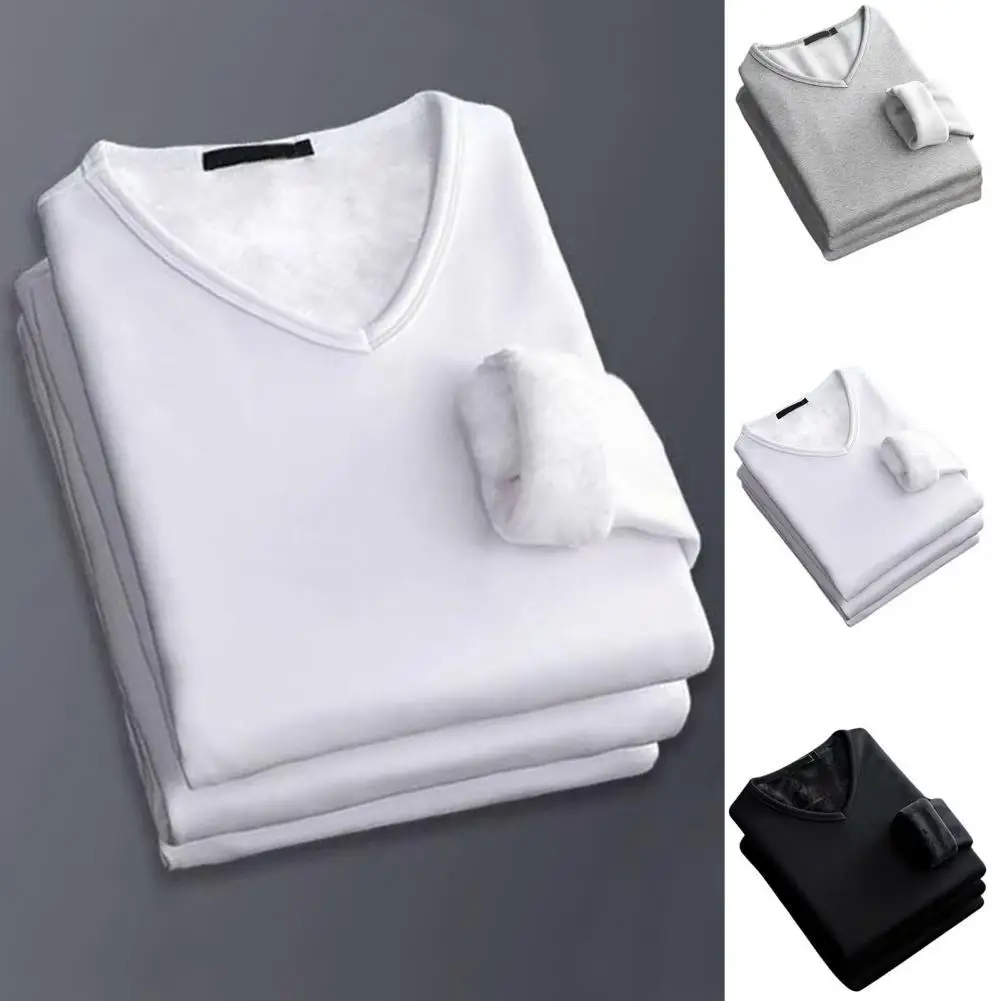 

Base Shirt Solid Color V Neck Thick Plush Men Top for Inner Wear