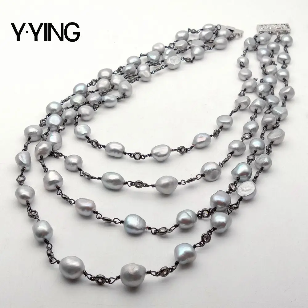 

Y·YING 18" 4 Strands Gray Baroque Freshwater Pearl Clear cubic zircon ia pave Chains statement Necklace