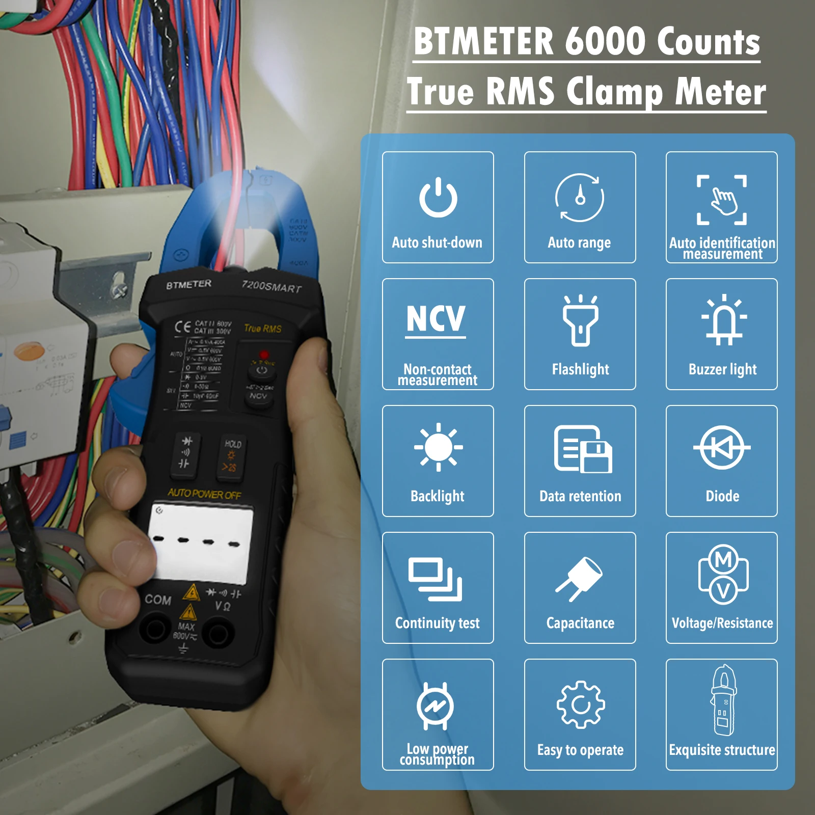 BTMETER BT-7200 SMART Multimeter Auto Testing/Range Digital Clamp Meter 6000 Counts,NCV,DC&AC Cap with Data Hold,LED Back Light