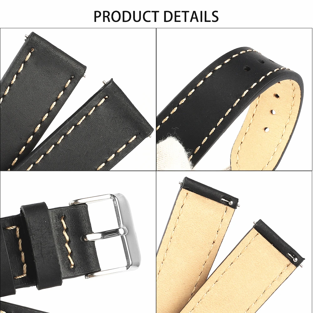 Retro Genuine Leather Watchband 20mm 22mm Black Cofffee Watch Band Stainless Steel Buckle Quick Release Strap Belt for Men