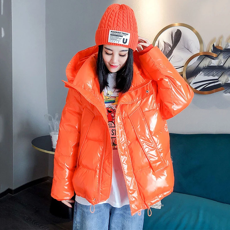 2022 Glossy Yellow/white/black/orange Women Winter Jacket Streetwear Hooded Parkas Female  Thick Warm Down Cotton Coat