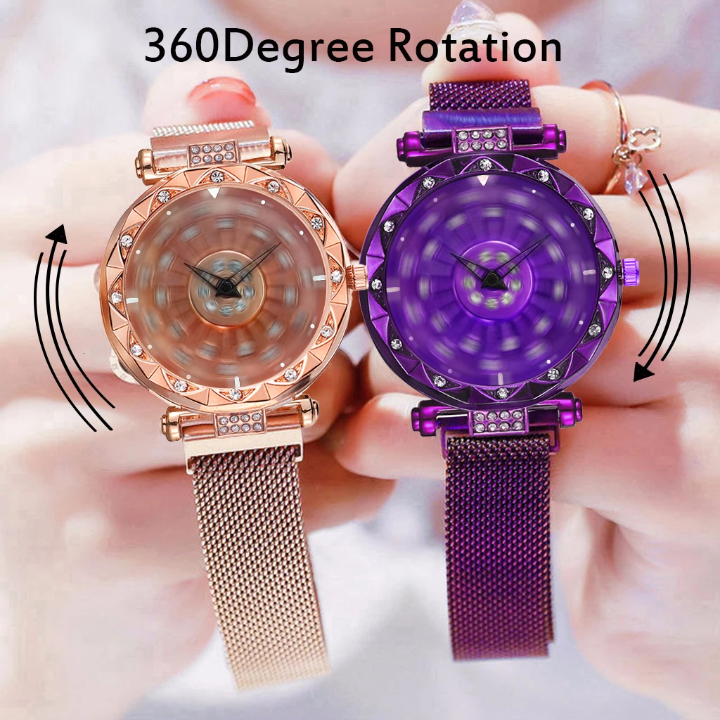 2020 Reloj Mujer Creative Whirling Women Watches Magnet Buckle Rotating DIamond Dial Quatrz Wristwatch Ladies Watches Best Gifts