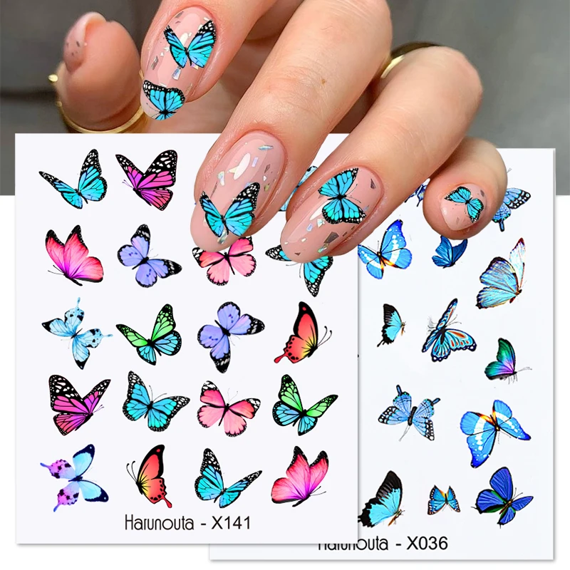 Harunouta Nail Butterfly Stickers Watercolor Decals Blue Flowers Sliders Wraps Manicures Spring Nail Art Decorations X141