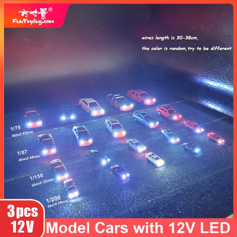 3 peças-automóvel de plástico 12v com luz de led-modelo de carro-escala ho n-layout ferroviário-paisagem da construção da estrada-1:75: 87 1:150