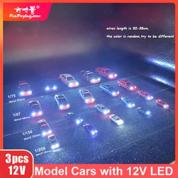 3Pcs Model Car with Led Light 12V Plastic Car HO N Scale Train Layout railway railroad Building Scenery 1:75 1:87 1:150 1:200