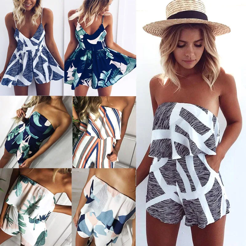 

2021 Women Summer V-neck One-piece Striped Print Straight Collar Ruffle Stripe Print Loose Jumpsuit Suspender Playsuits