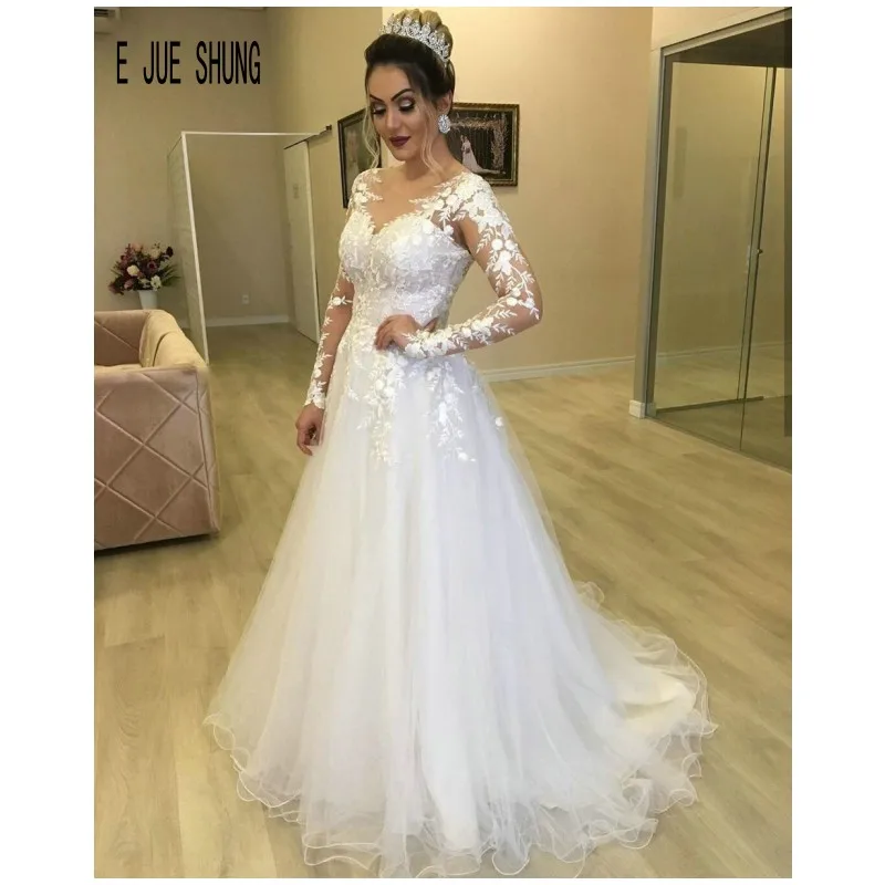 E jue shung elegante rendas vestidos de casamento manga longa colher pescoço aberto para trás com botão apliques vestidos de noiva robe de mariee