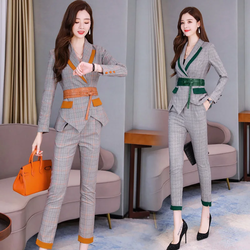 Women\'s Casual Plaid Blazer and Pencil Pants Suit, Elegant Ladies Jackets, Business Suits, Spring Outfit, 2 Pcs Set