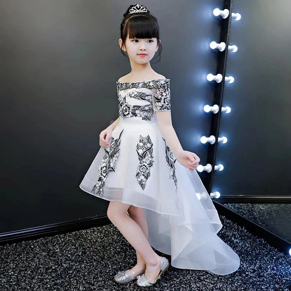 Vestido de princesa de tul para niñas, vestidos de flores blanco con hombros descubiertos para bodas, manga corta, para fiestas y comunión