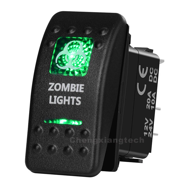 ZOMBIE LIGHTS 5 Pin On Off Green Led Backlit Printed Rocker Switch for Car Boat Truck 12v 24v SPST Carling Contura Rocker Switch