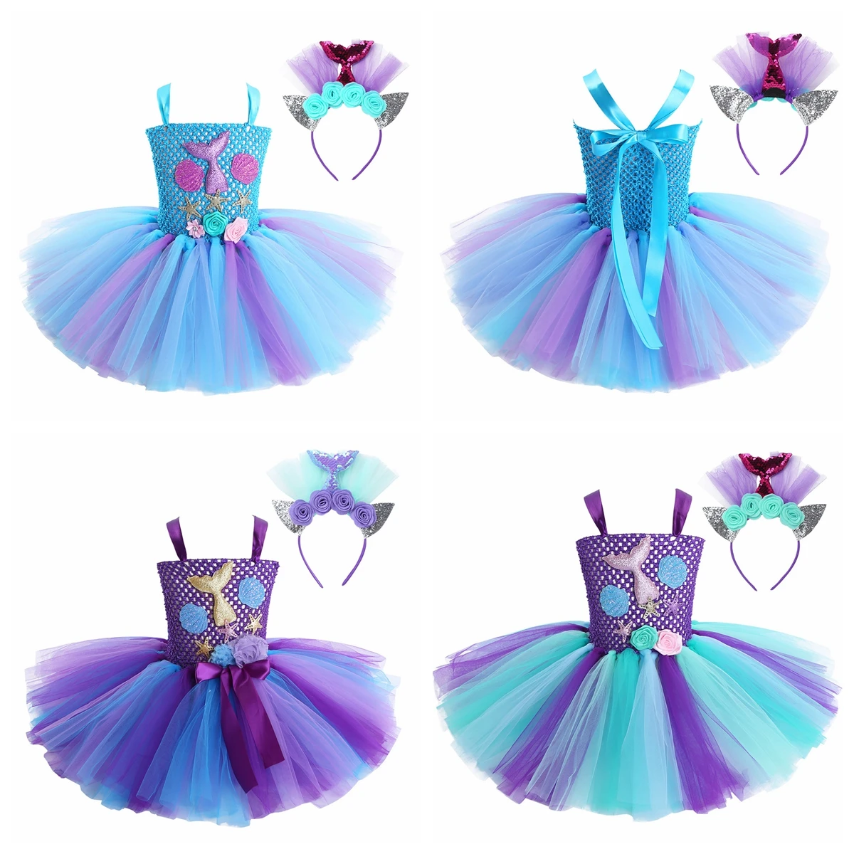 Kinder Mädchen Meerjungfrau Prinzessin Kostüm ärmellose Blumen applikation Tüll Tutu Kleid mit Haar bügel für Halloween Thema Party Cosplay