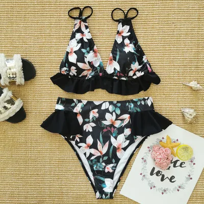 New Ruffled Bikini Print Two-Piece Swimsuits Women\'s Hot Selling European and American Fashion Pastoral Street Swimsuit Bikini