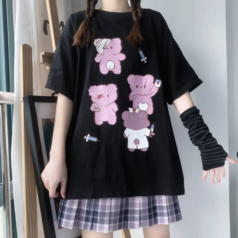 Cute Cartoon Clothes Loose Oversize Women T-shirt Punk Grunge Streetwear Black Top Harajuku Vintage Dropshipping Short Sleeve