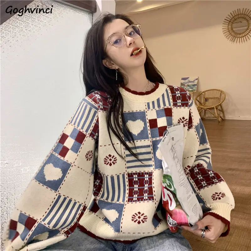 

Women Pullover Patchwork Vintage Panelled Thicken Woman Knitted Sweaters Female Loose All-match Warm Comfortable Korean Style