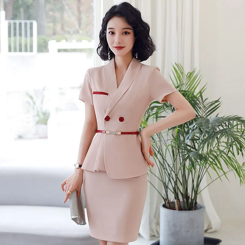 IZICFLY-2-Piece Fato de negócios para mulheres, uniforme rosa para senhora, elegante conjunto blazer, saia de trabalho com cinto, novo estilo, verão