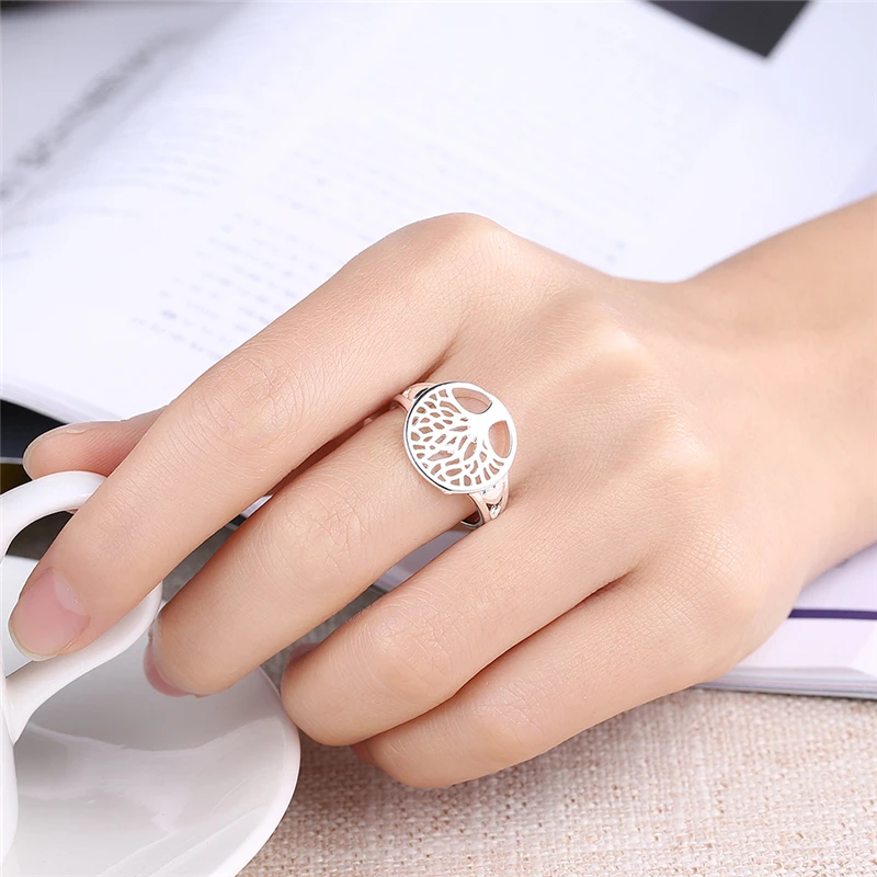 Silver Plated Life Tree Finger Rings for Women Size 6/7/8/9# Wedding Band Fashion Jewelry Accessories Bague Femme Anillo