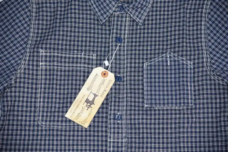 BOB DONG Plaid Short Sleeve Work Shirts Retro Button Down Cotton Flax Workwear