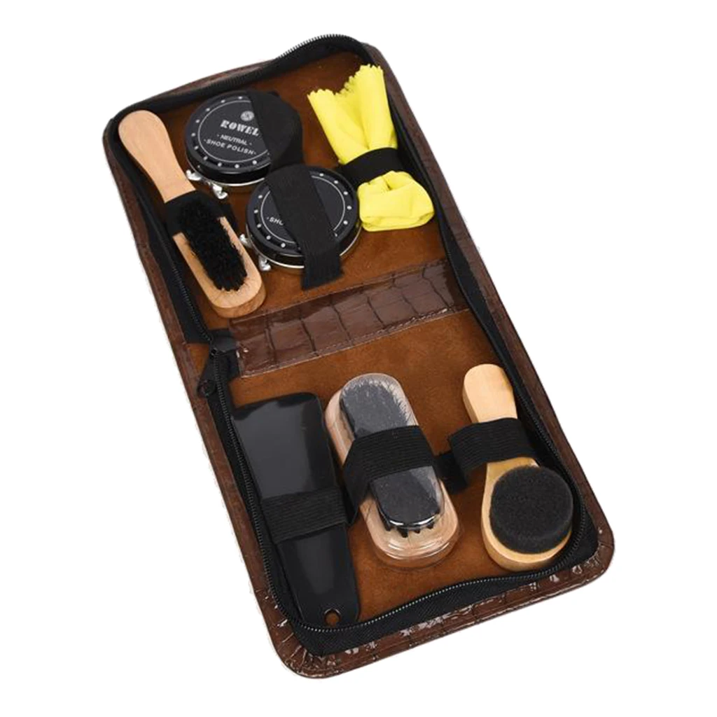 8-Pieces Shoe Care Kit Travel Shoes Shine Brush Polish Kit with PU Leather Storage Case