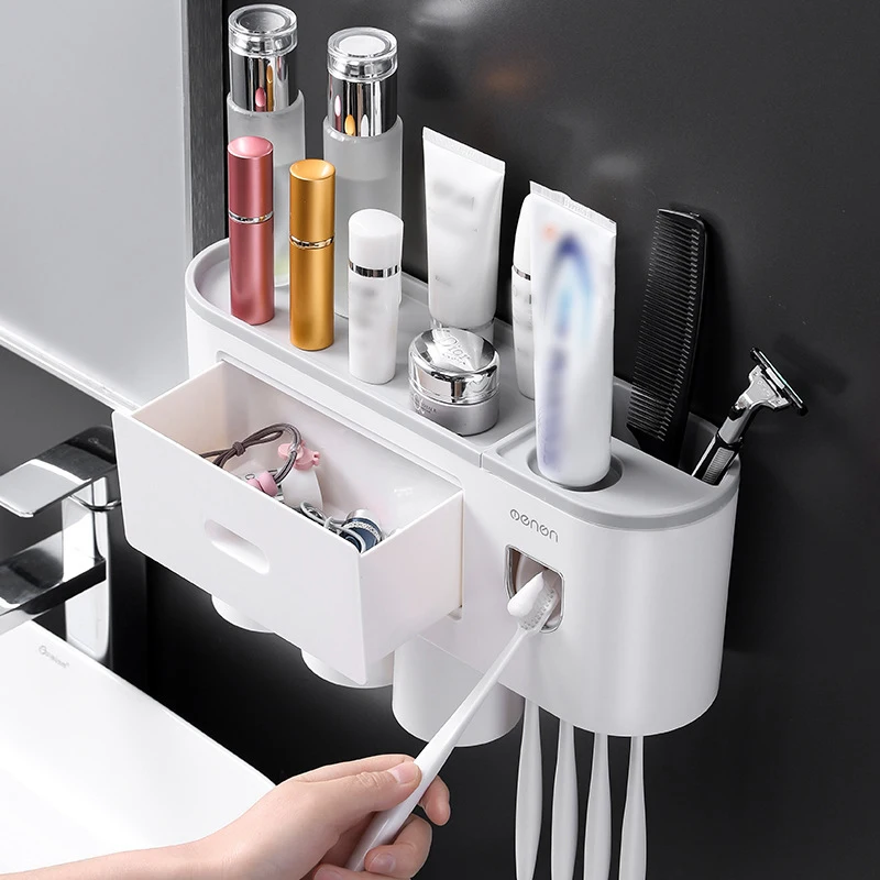 Magnetic Toothbrush Holder Automatic Toothpaste Dispenser Squeezer Bathroom Accessories Wall Mount Toiletries Storage Rack