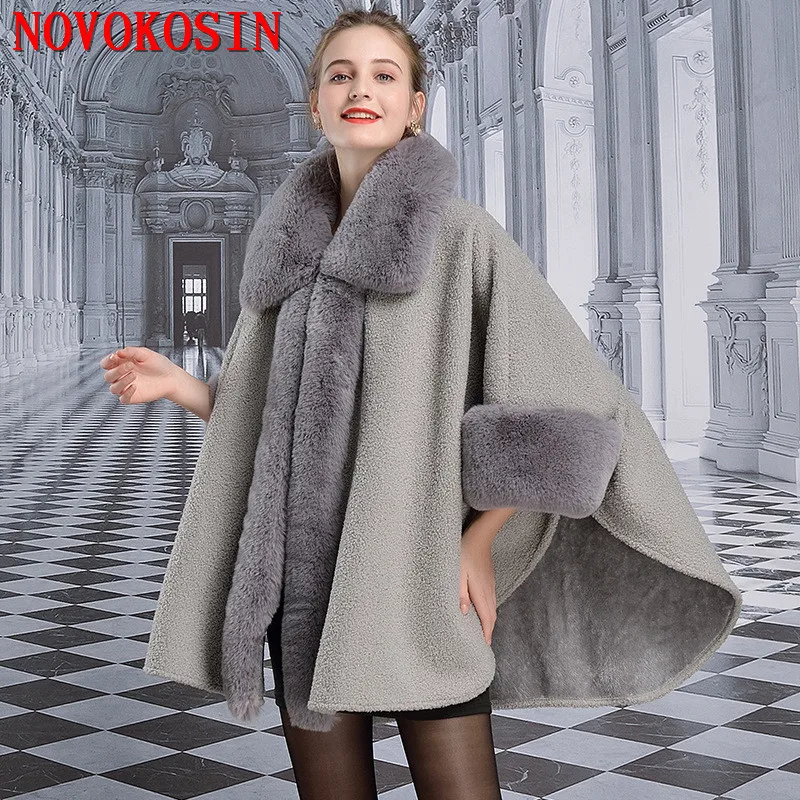 

6 Colors Women Big Faux Rabbit Fur Collar Poncho Batwing Sleeves Granular Velvet Cardigan Cloak Long Winter Warm Thick Coat