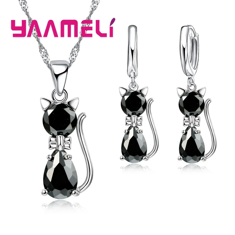 7Colors Options Cat Pendant Necklace Earrings Sets Real 925 Sterling Silver CZ Crystal Jewelry for Women Girls Gifts