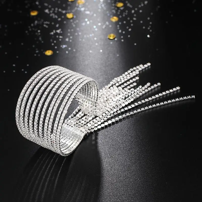 YFJEWE 10 Rows Rhinestone Bangle Bracelet Silver Plated Gold Color Metal Sparkly tassel Crystal Indian Bangles for Women B284