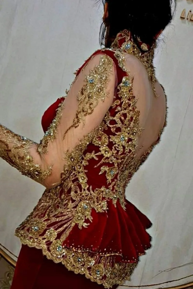 Vestidos de Noche Burdeos Aso Ebi, apliques de Peplum, encaje dorado, Karakou algerie, manga larga, vestido de Graduación