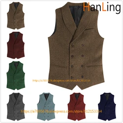 Men's Suit Vest Double-Breasted Steampunk Tweed Waistcoat Retro Herringbone Wool Jacket chalecos para hombre