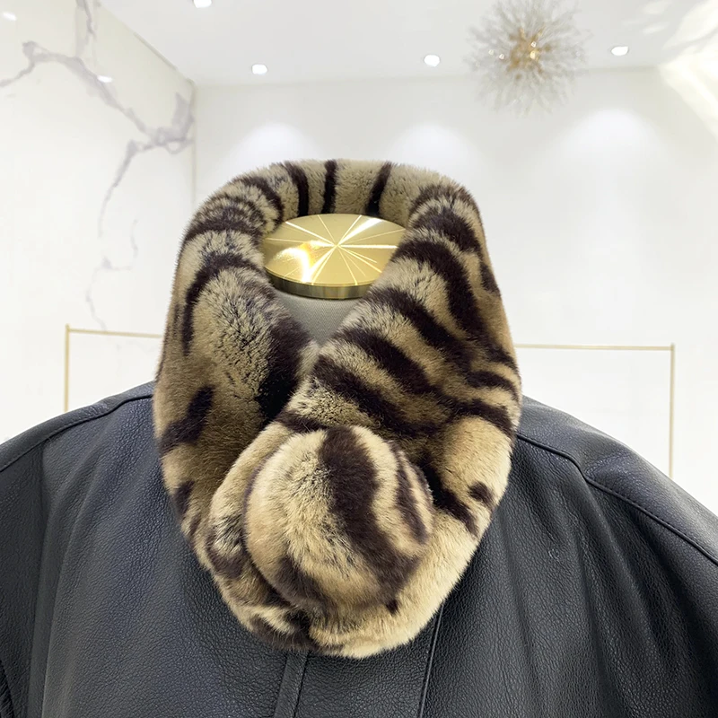 

Real Rex Rabbit Fur Scarf Fluffy Leopard Print Neck Warmer New Winter Wraps 10 Colors Women Muffler Gift