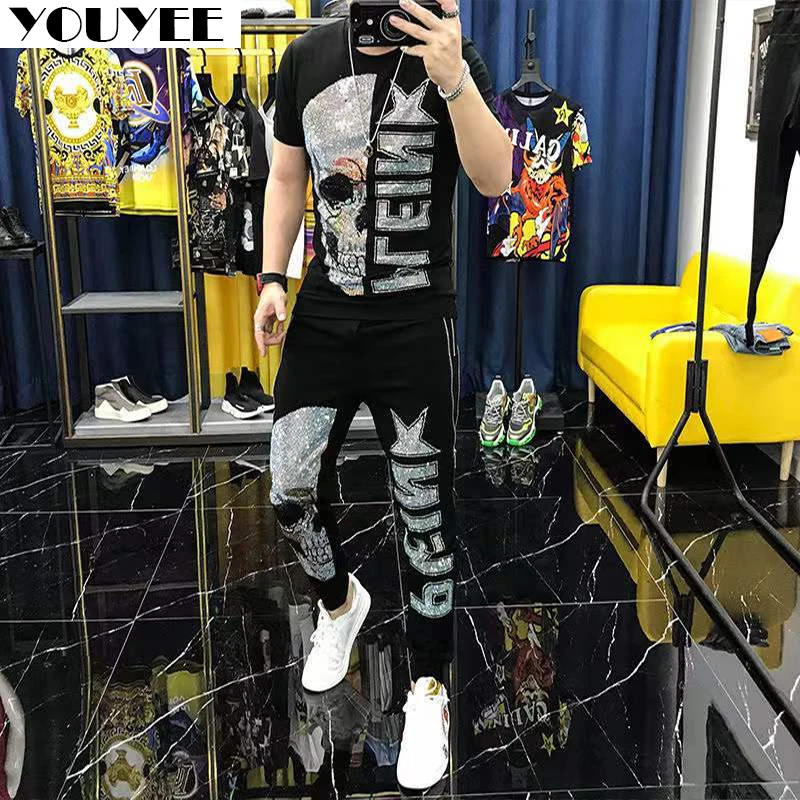 Men\'s Skull Diamond Trousers Fashion Handsome Leisure Male Casual Pants Heavy Process Hip-Hop Streewear Black Sportpant Clothes