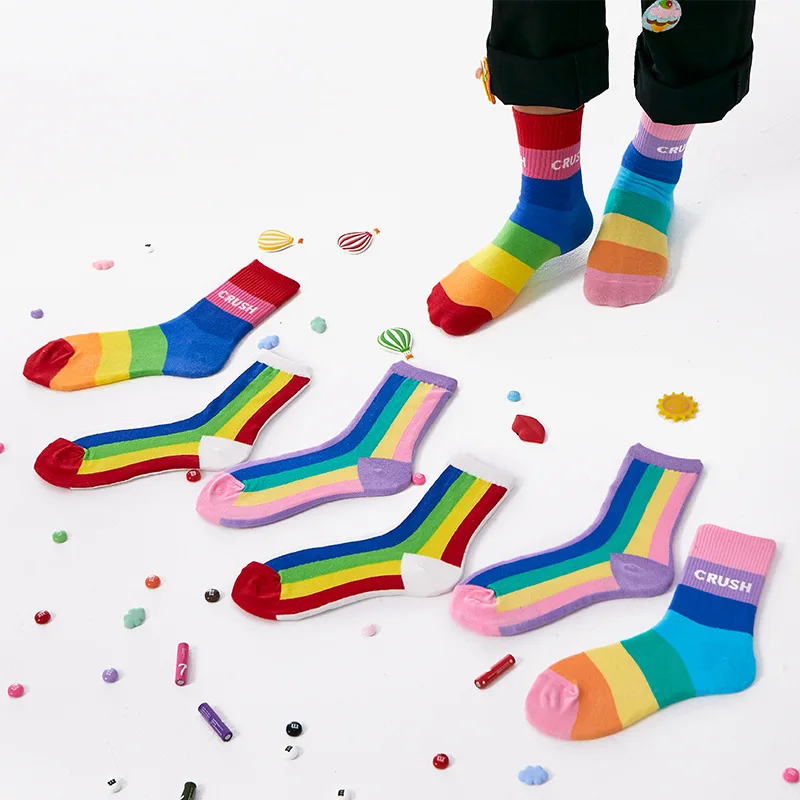 Spring and Autumn New Spring and Autumn Tube Socks, Cotton Socks, Alphabet Color Socks, Korean Version of Rainbow Socks, Women