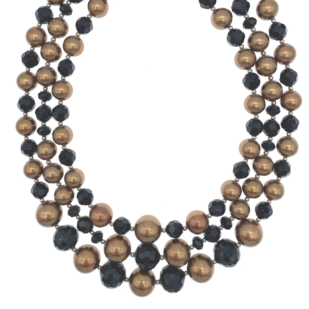 3 Strands Of Graduated Brown Shell Pearls Necklace with Faceted Cut Black Onyx Statement For Women Girls Gifts 18 Inch