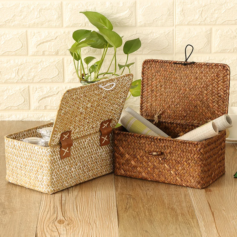 

Country style straw storage box with lid cosmetic sundries box desktop