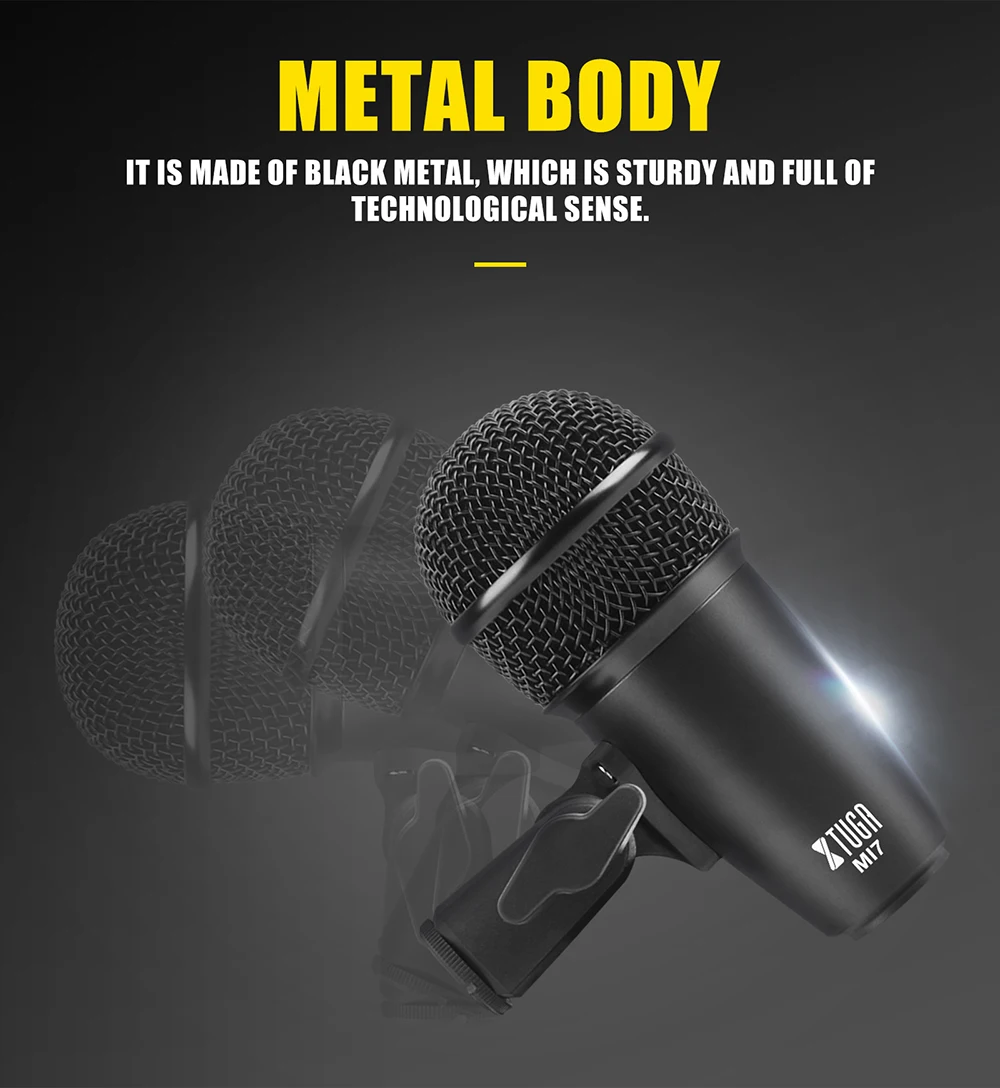 XTUGA MI7CH 7-częściowy przewodowy zestaw mikrofonów dynamicznych do perkusji (cały metal) - zestaw mikrofonów do basu, tomów/perkusji i talerzy - do perkusji
