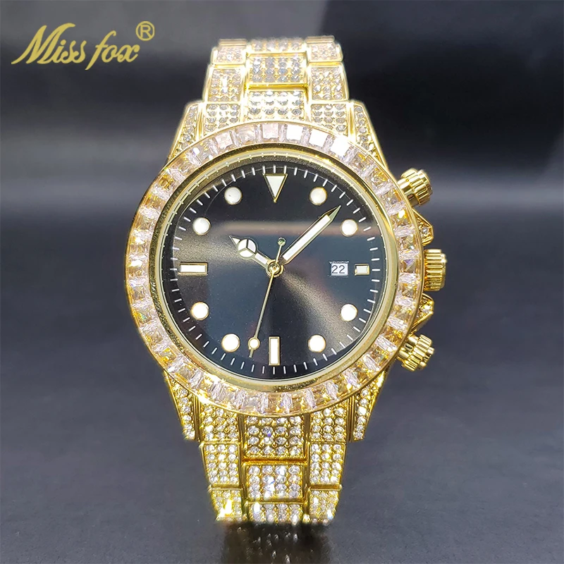 

MISSFOX Gold Watch For Men Big Baguette Bezel Black Face Luxury Watches Luminous Ice Out Hip Hop Street Style Orologio New In